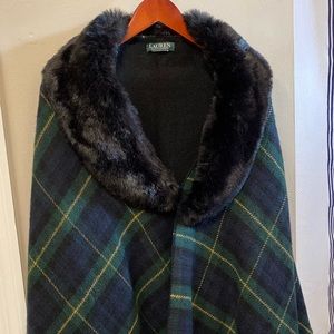 Ralph Lauren Plaid Poncho with Faux Fur Collar